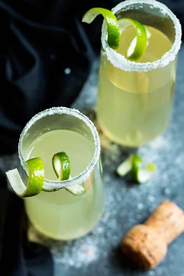 Two gluten-free champagne drinks filled with tequila for a delicious cocktail.