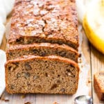 A loaf of Paleo Banana Bread made with coconut flour ready to eat as a healthy snack.