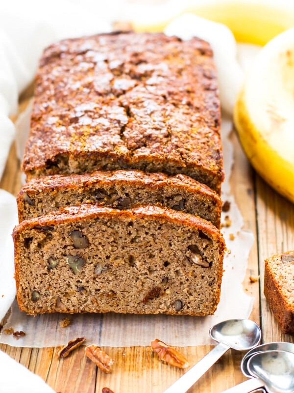 A loaf of Paleo Banana Bread made with coconut flour ready to eat as a healthy snack.