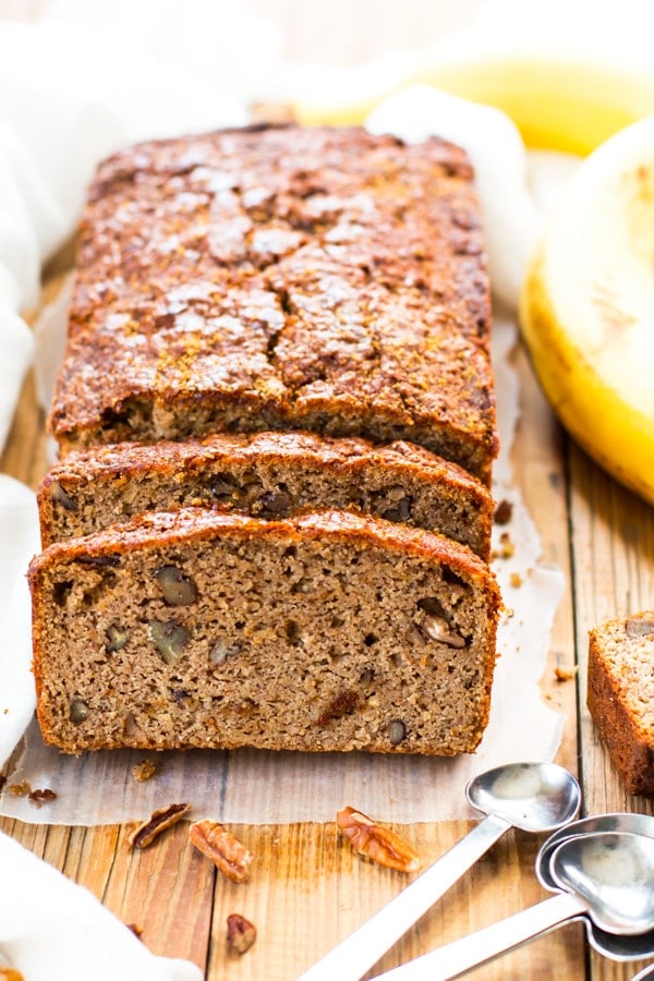 A loaf of Paleo Banana Bread made with coconut flour ready to eat as a healthy snack.