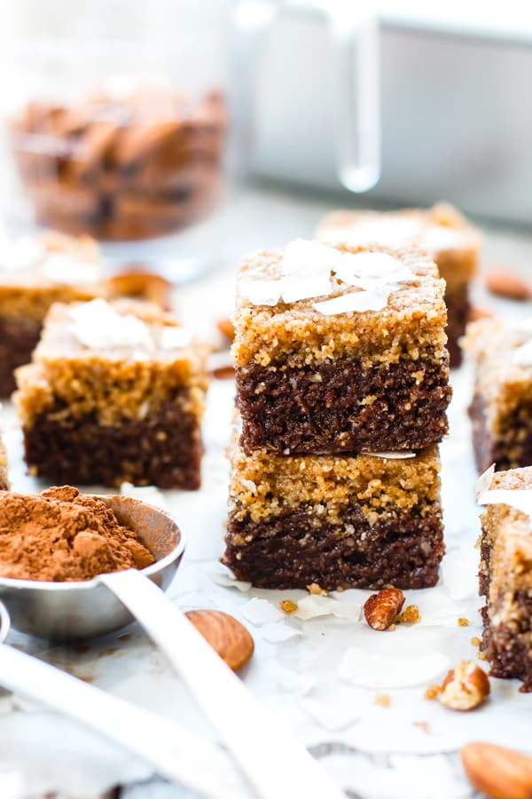 German Chocolate Bars stacked on top of each other using a German chocolate recipe.