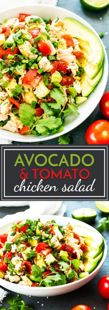 This tomato and avocado chicken salad is a quick and healthy lunch or dinner recipe. Lime juice, cilantro, and green onions combine to make this gluten free and paleo dish super light and tasty!