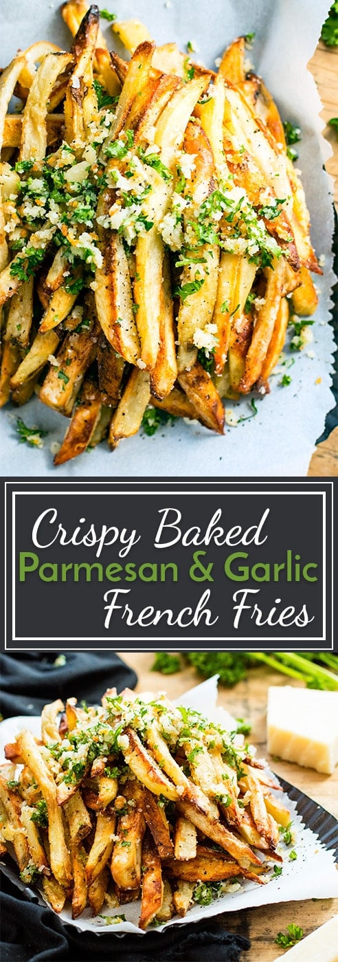 Extra crispy Parmesan garlic fries are baked in the oven, instead of fried, for a healthier french fry recipe! Top this Parmesan fries recipe with a bit of garlic and parsley coating for the ultimate gluten-free side dish recipe.