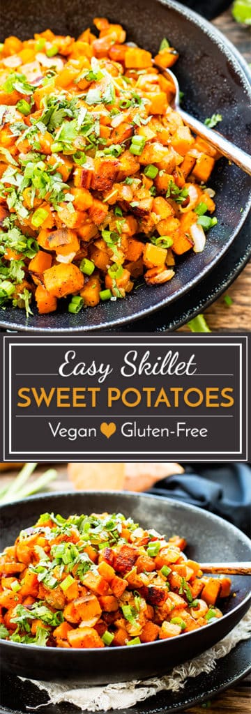 Easy skillet sweet potatoes make a quick side dish for any meal! This simple sweet potato recipe is gluten-free, vegetarian, dairy-free, paleo and vegan.
