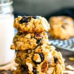 A pile of Oatmeal Trail Mix Cookies on a table for a healthy treat.