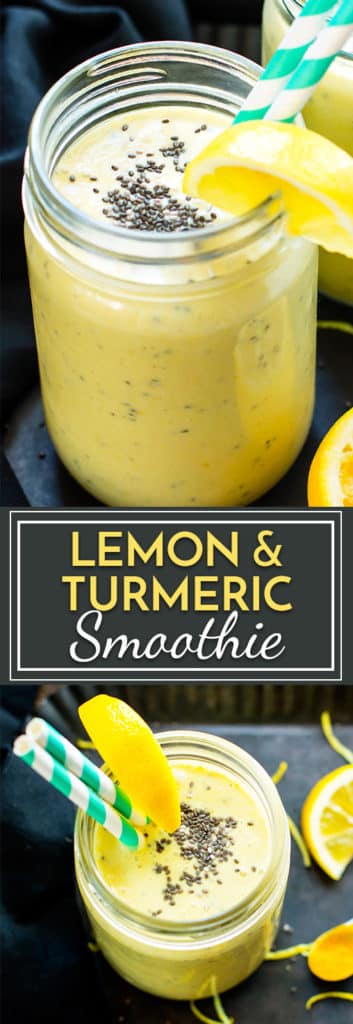 Lemon Turmeric Smoothie with Chia Seeds | A healthy breakfast smoothie made with bananas, fresh lemon juice and zest, yogurt, chia seeds and turmeric!