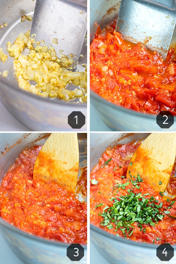 A collage of four photos showing how to make pomodoro sauce.