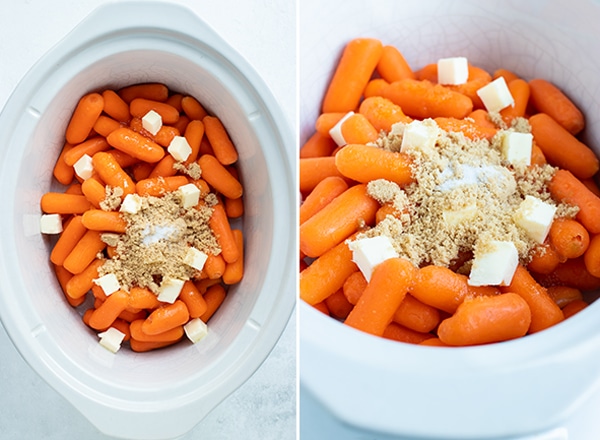Two images showing how to make glazed carrots in a Crock-Pot with brown sugar and honey.