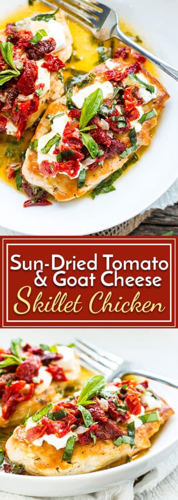 Sun-Dried Tomato & Goat Cheese Chicken is a recreation of Carrabba's Chicken Bryan.  Easy skillet chicken is topped with fresh goat cheese, sundried tomatoes, basil and the most delicious lemon sauce for a low-carb and gluten-free dinner recipe.