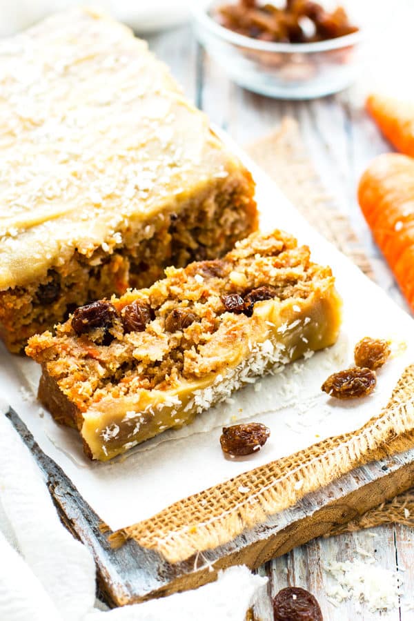 A loaf of an easy carrot cake recipe with raisins for an Easter snack.