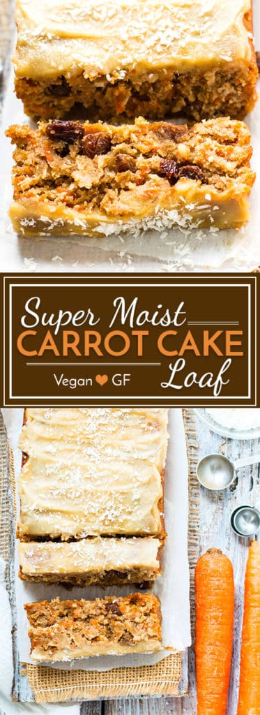 Super Moist Vegan Carrot Cake Loaf is topped with a vegan "cream cheese" frosting for the perfect Easter or Spring breakfast, snack or dessert. This vegan carrot cake bread is also gluten free, grain free, egg free, dairy free and refined sugar-free!