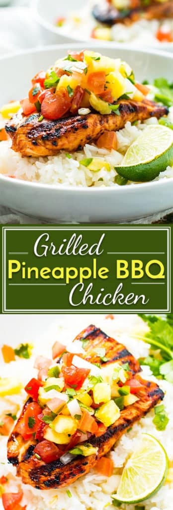 Grilled Pineapple Chicken with BBQ sauce is marinated in a sweet and tangy sauce full of BBQ sauce and pineapple juice. It is then topped with pineapple pico de gallo for an easy, low-carb, and healthy weeknight dinner recipe!