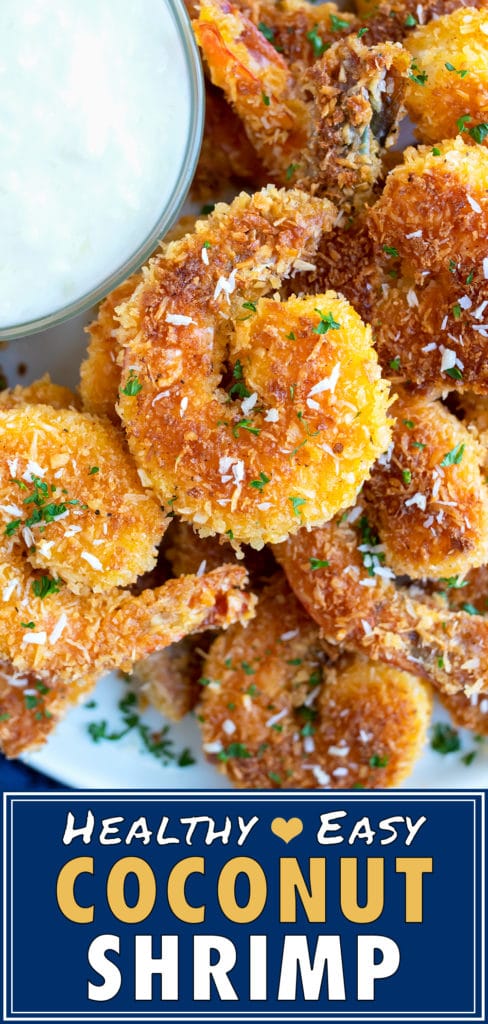 Golden shrimp that are covered in a shredded coconut and bread crumb coating.