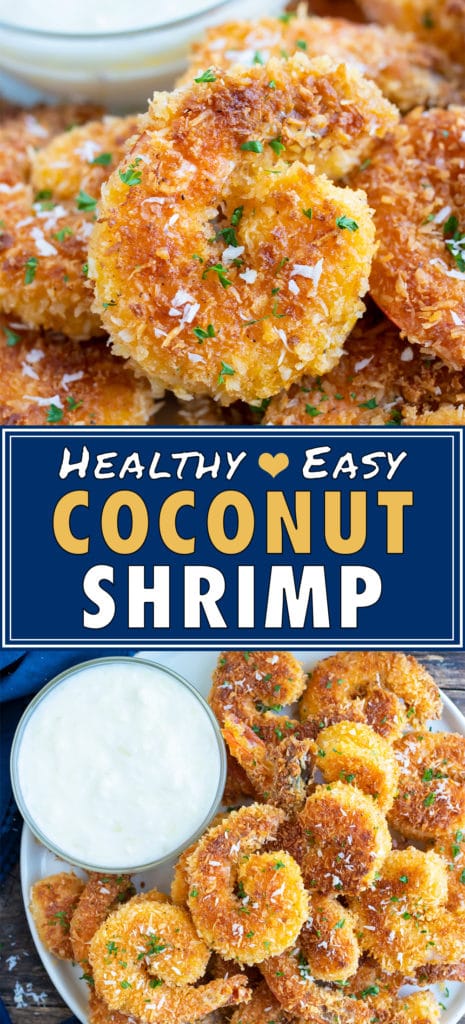 A platter full of healthy coconut fried shrimp with a creamy yogurt dipping suace.