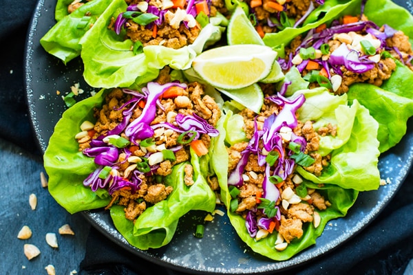 Chicken lettuce wraps recipe on a plate ready to serve for a healthy dinner.