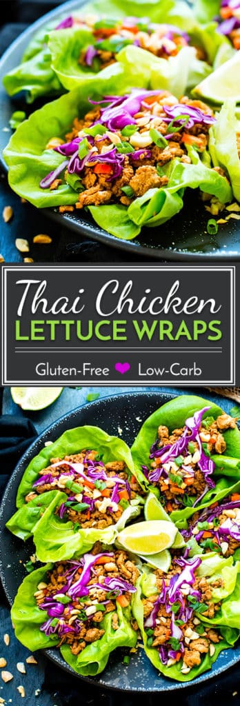 Ground Chicken Thai Lettuce Wraps are a healthy, gluten-free and low-carb lunch or dinner recipe. These chicken lettuce wraps are full of crunchy peanuts, carrots, and tons of Thai flavor!