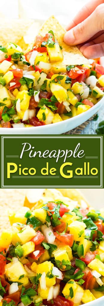 Pineapple Pico de Gallo is a fresh homemade salsa full of tomatoes, sweet onions, pineapple, jalapenos, and cilantro. It makes a wonderful topping for chicken or tacos and can be eaten as a healthy dip!