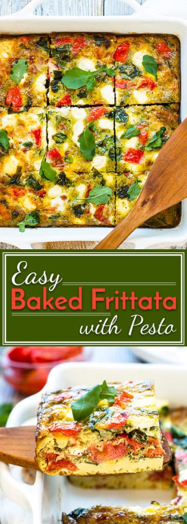 Baked Frittata with Pesto, Tomatoes & Goat Cheese | An easy breakfast bake full of eggs, roasted tomatoes, pesto and goat cheese. It makes a healthy vegetarian and gluten-free breakfast recipe!