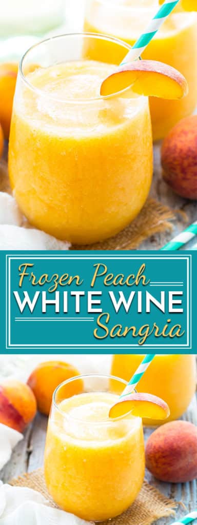 Frozen Peach White Wine Sangria is a quick and easy alcoholic beverage to whip up during those hot summer months! Give your sangria a twist by using frozen peaches and your favorite white wine to make an epic poolside drink.