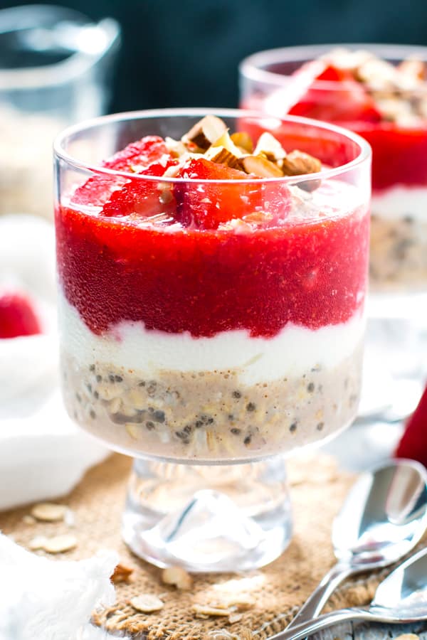 A serving of a gluten-free overnight oats recipe with strawberries for a healthy breakfast.