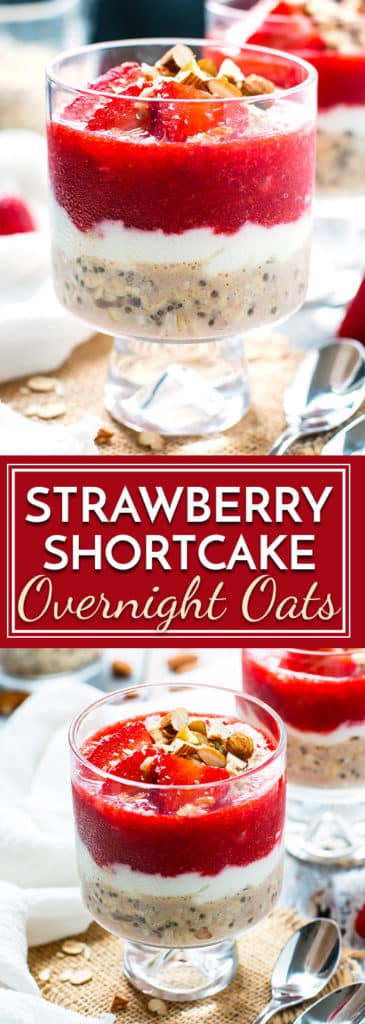 Strawberry shortcake overnight oats are a healthy, gluten-free, vegetarian, vegan and easy breakfast recipe for those weekdays that you are on-the-go! Each portion is full of fresh strawberries, yogurt, gluten-free oats, and chia seeds.