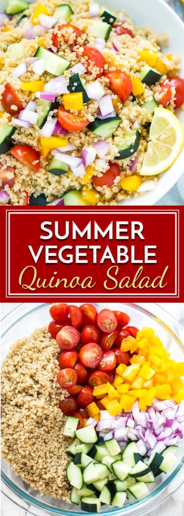 Summer Vegetable Quinoa Salad is full of nutritious veggies and then topped with a homemade lemon vinaigrette. It is the perfect, healthy dish to bring for potlucks or summer picnics!