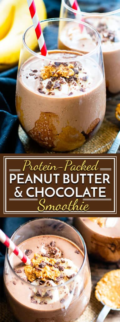 Protein-Packed Chocolate Peanut Butter Smoothie is full of bananas, yogurt, and your favorite protein powder for a healthy and filling gluten-free breakfast smoothie recipe. It is a quick breakfast recipe that kids will love!