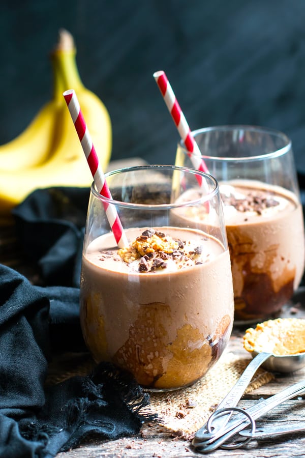 Protein-packed chocolate smoothies made with peanut butter and bananas for an easy breakfast treat.
