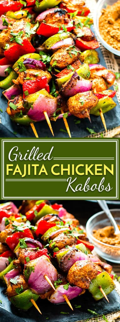 Grilled Fajita Chicken Kabobs with Vegetables are a healthy gluten-free, Paleo and low-carb appetizer or dinner recipe that can be served up over rice or eaten in tacos!