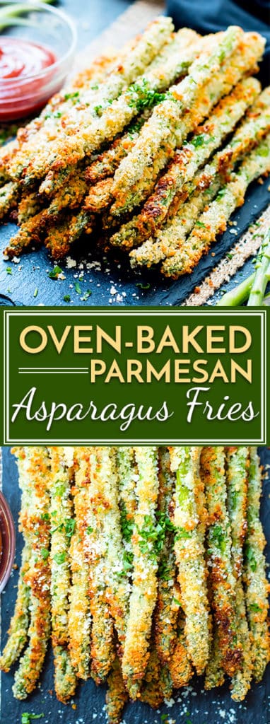 Parmesan asparagus fries are baked in the oven to crispy perfection.  They are a healthier alternative to french fries and are vegetarian and gluten-free!