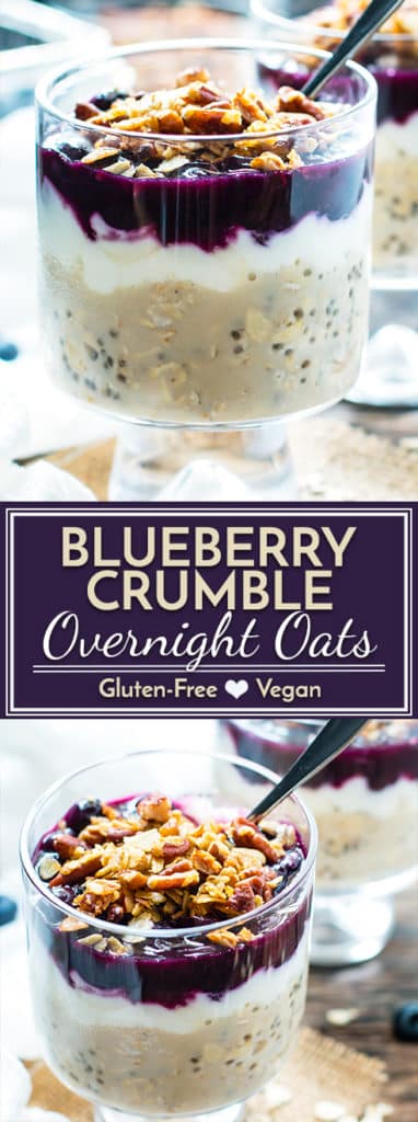 Wake up to a jar full of these healthy blueberry overnight oats loaded with good-for-you chia seeds, yogurt, and fresh blueberries and then topped with a crunchy pecan crumble!