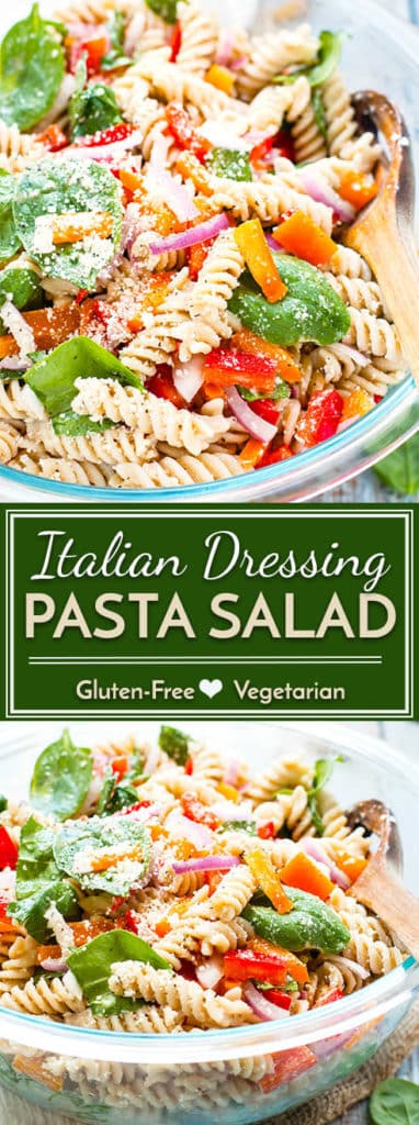 Italian Dressing Pasta Salad with Parmesan Cheese | My mom always made this Italian dressing pasta salad with Parmesan cheese when we were growing up!  It is full of fresh veggies, is vegetarian and gluten-free, and makes an awesome potluck dish to bring to a party.