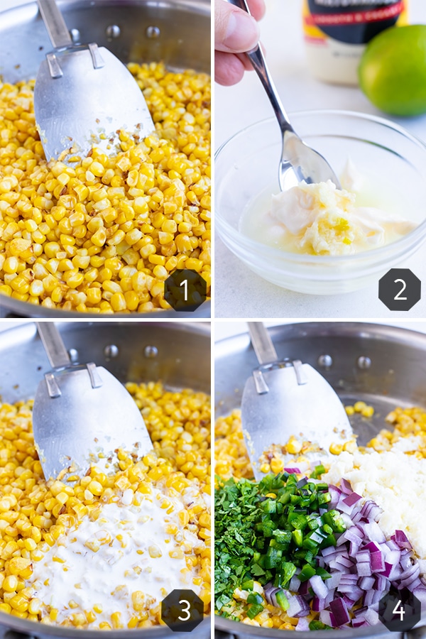 Four images showing how to make a Mexican street corn salad in a skillet.