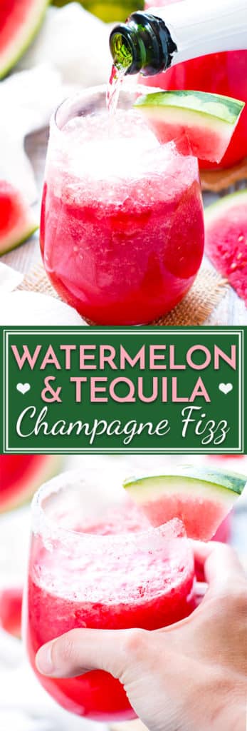 Watermelon Tequila Fizz | Tequila, Champagne + Watermelon Cocktail | You only need three ingredients and five minutes to make the most delicious tequila and watermelon cocktail you've ever had!   You can also multiply the recipe to make a punch for the whole summer party to enjoy.