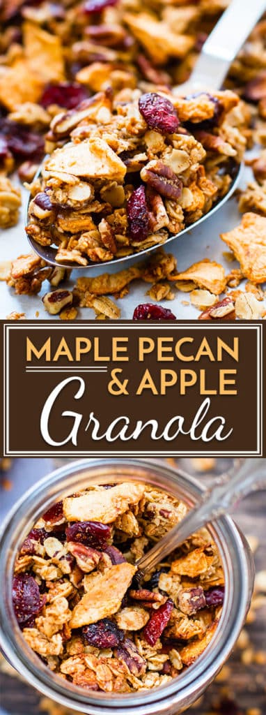 Get ready for your house to smell like Fall when you bake up this maple pecan apple cinnamon granola.  Gluten-free, vegan, vegetarian, dairy-free and SUPER addicting breakfast or snack recipe for the Fall season!!