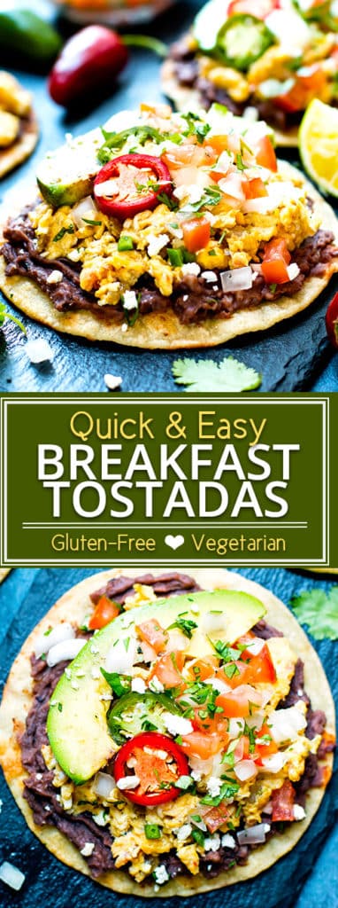 Pile up your favorite Mexican food inspired fixings on these super quick breakfast tostadas!!  Toasted corn tortillas are loaded with eggs, black beans, avocado, and pico de gallo for an awesome way to start your morning.