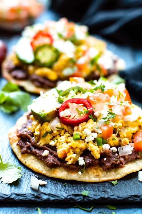 A close up picture of Tostadas with Eggs and Beans for a super quick breakfast.