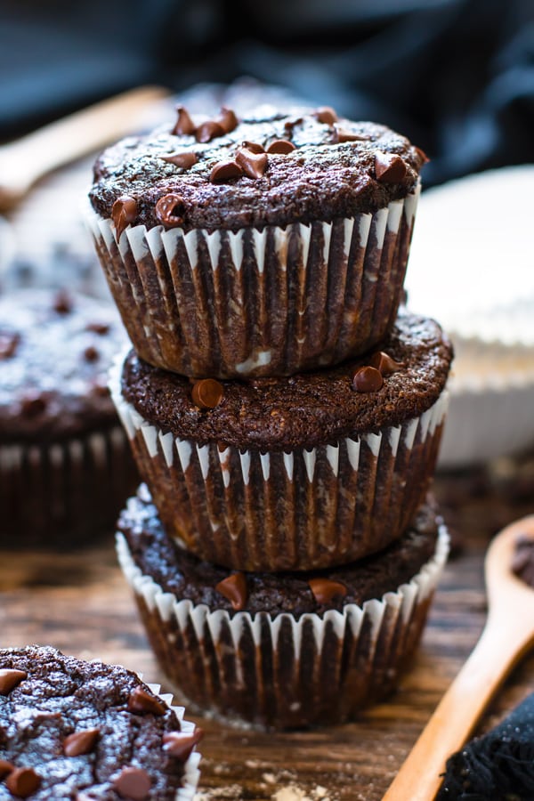 You won't believe how good these Paleo chocolate banana muffins taste and they're healthy enough to eat for breakfast!!  They're made with coconut flour, almond flour and sweetened with pure maple syrup for a grain-free, gluten-free, dairy-free and refined sugar-free muffin recipe.