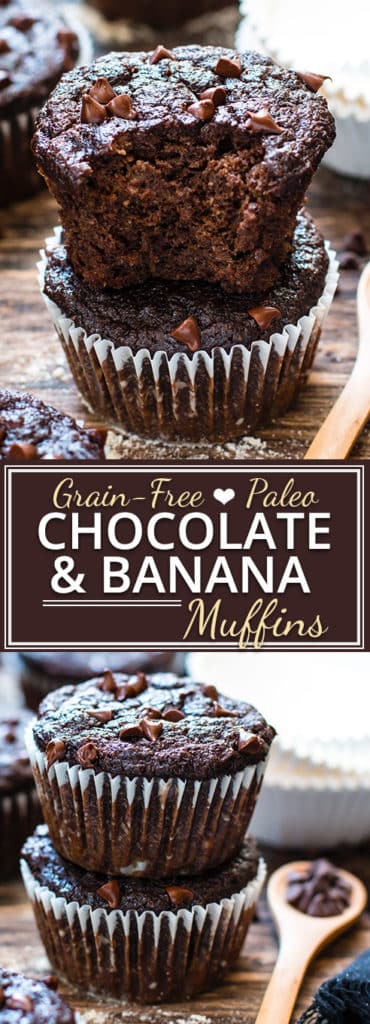 You won't believe how good these Paleo Chocolate Banana Muffins taste and they're healthy enough to eat for breakfast!!  They're made with coconut flour, almond flour and sweetened with pure maple syrup for a grain-free, gluten-free, dairy-free and refined sugar-free muffin recipe.