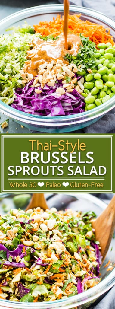 Thai-style shredded brussels sprouts salad is a super light and refreshing meal that is still full of flavor.  It is loaded with raw vegetables and topped with a Thai-style almond butter dressing for the perfect vegan, Paleo, and whole 30 dinner recipe!