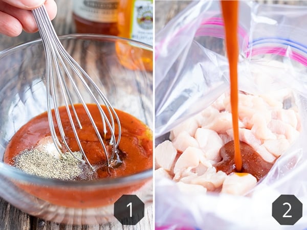 A homemade honey BBQ sauce being whisked in a bowl and poured over chicken as a marinade.
