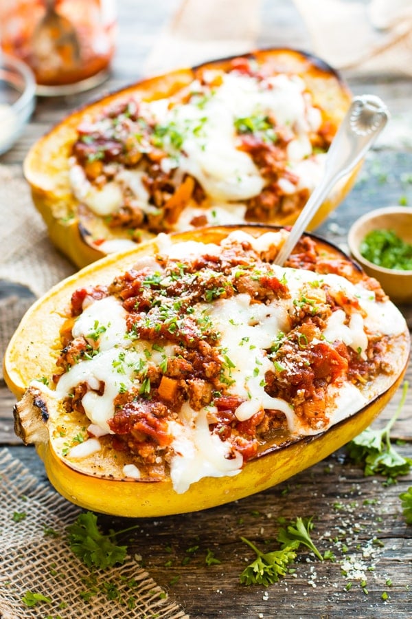 Lasagna Spaghetti Squash Boats with Ground Turkey LowCarb Dinner