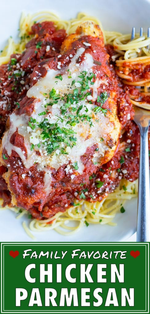 The best chicken parmesan recipe is served over pasta for a healthy dinner.