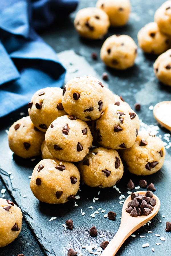 Healthy Chocolate Chip Dough Bites in a pile for an easy snack.