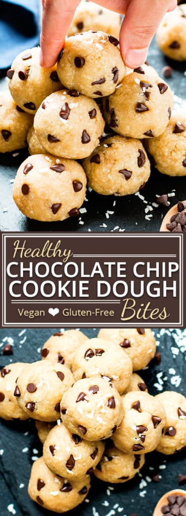 Appease your inner cookie monster with these healthy chocolate chip cookie dough bites.  These no-bake, raw, energy bites are crazy simple to make and are vegan, gluten-free, dairy-free, vegetarian, and can easily be made Paleo! Healthy cookie dough energy bites make great kid-friendly snacks, too!