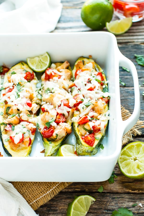 Three zucchini boat recipes stuffed with chicken for a healthy dinner.