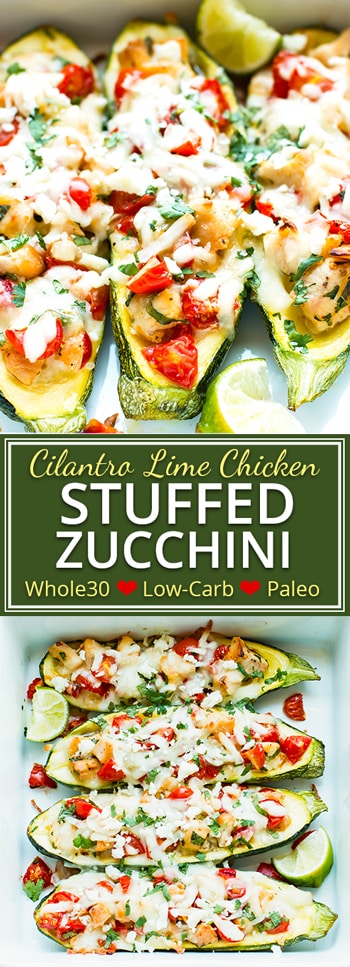Cilantro Lime Chicken Stuffed Zucchini are such a fun and creative way to eat a healthy Paleo, ketogenic and low-carb dinner.  These zucchini boats are full of chicken, fresh lime juice, and tomatoes and can easily be into a Whole30 dinner recipe!