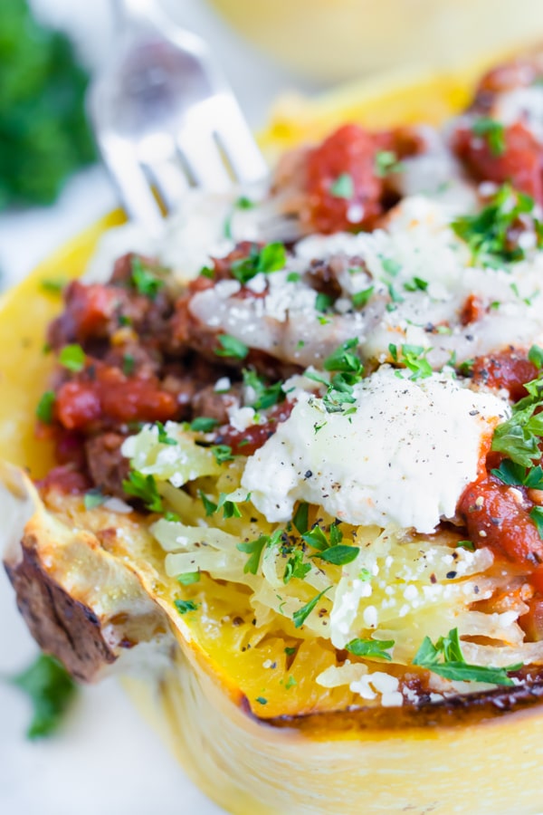 All the flavors of lasagna are served in this healthy, roasted spaghetti squash main dish.