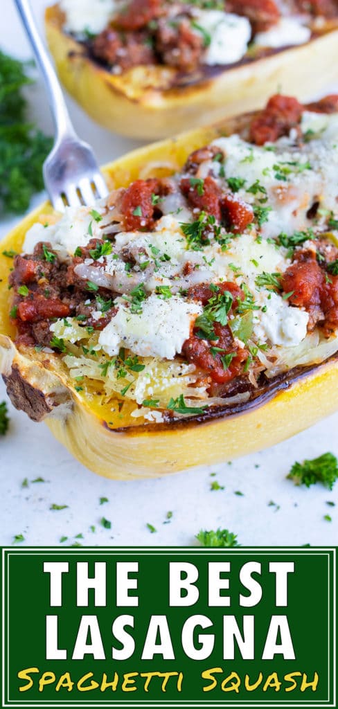Baked spaghetti squash boats are filled with lasagna fillings and baked in the oven.