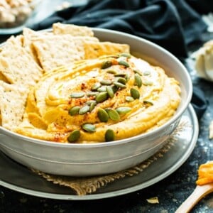 Pumpkin hummus recipe in a bowl for an easy appetizer.